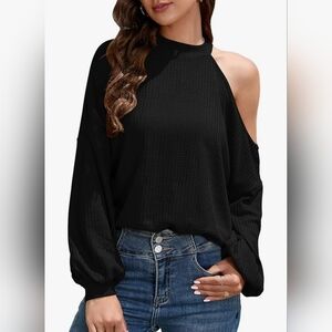 Casual Long Sleeve Cold Shoulder Loose Fit Knit Cutout Sweater Black XL